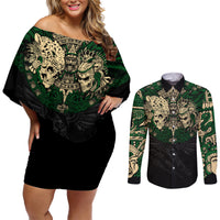 Aztec Warrior Skulls Couples Matching Off Shoulder Short Dress and Long Sleeve Button Shirts - Wonder Print Shop