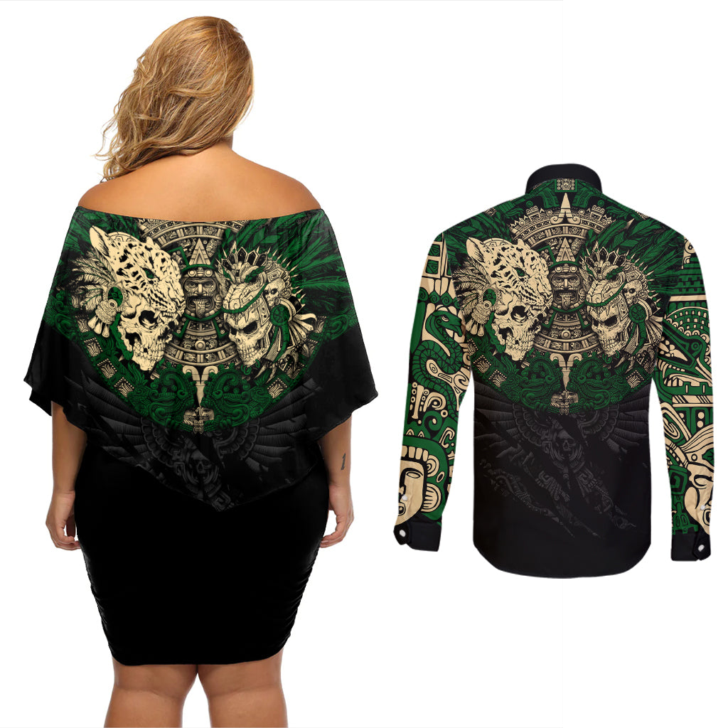 Aztec Warrior Skulls Couples Matching Off Shoulder Short Dress and Long Sleeve Button Shirts - Wonder Print Shop