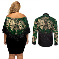 Aztec Warrior Skulls Couples Matching Off Shoulder Short Dress and Long Sleeve Button Shirts - Wonder Print Shop