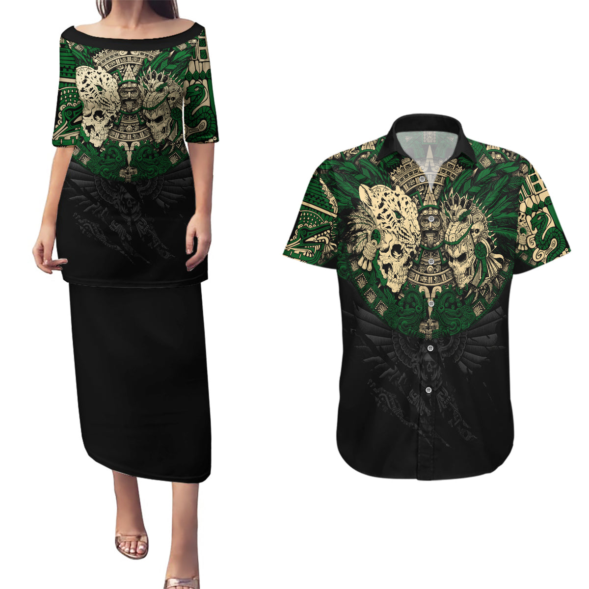 Aztec Warrior Skulls Couples Matching Puletasi Dress and Hawaiian Shirt - Wonder Print Shop