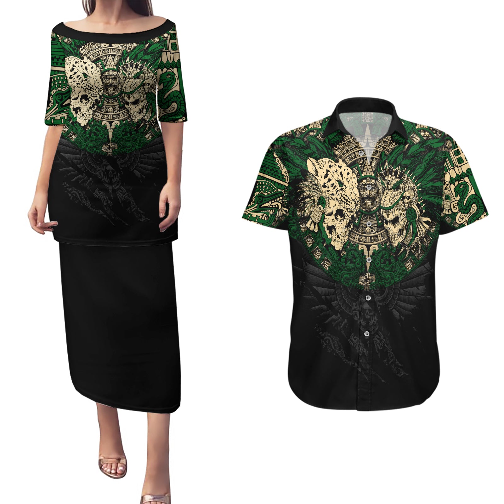 Aztec Warrior Skulls Couples Matching Puletasi Dress and Hawaiian Shirt - Wonder Print Shop