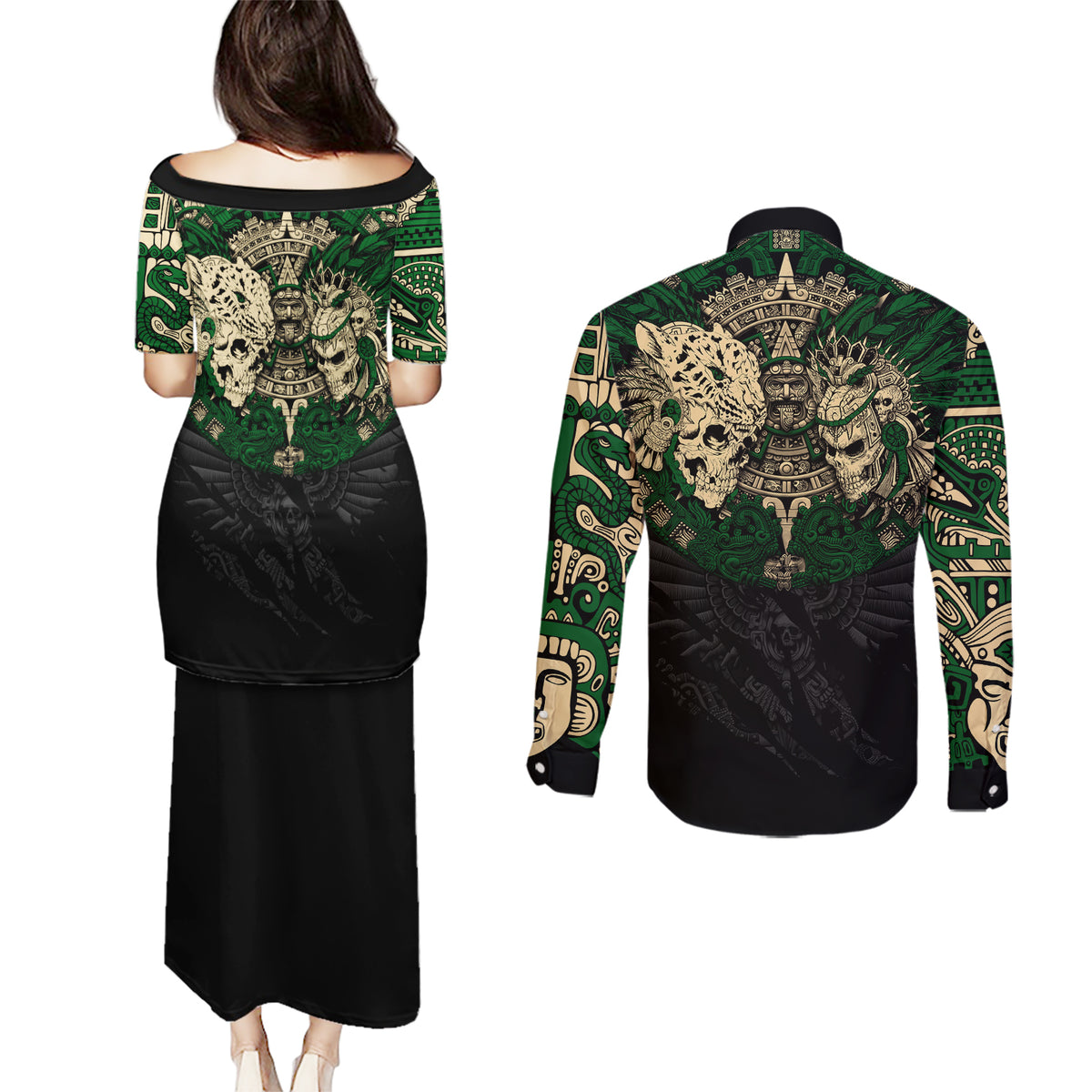 Aztec Warrior Skulls Couples Matching Puletasi Dress and Long Sleeve Button Shirts - Wonder Print Shop