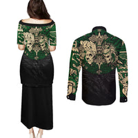 Aztec Warrior Skulls Couples Matching Puletasi Dress and Long Sleeve Button Shirts - Wonder Print Shop