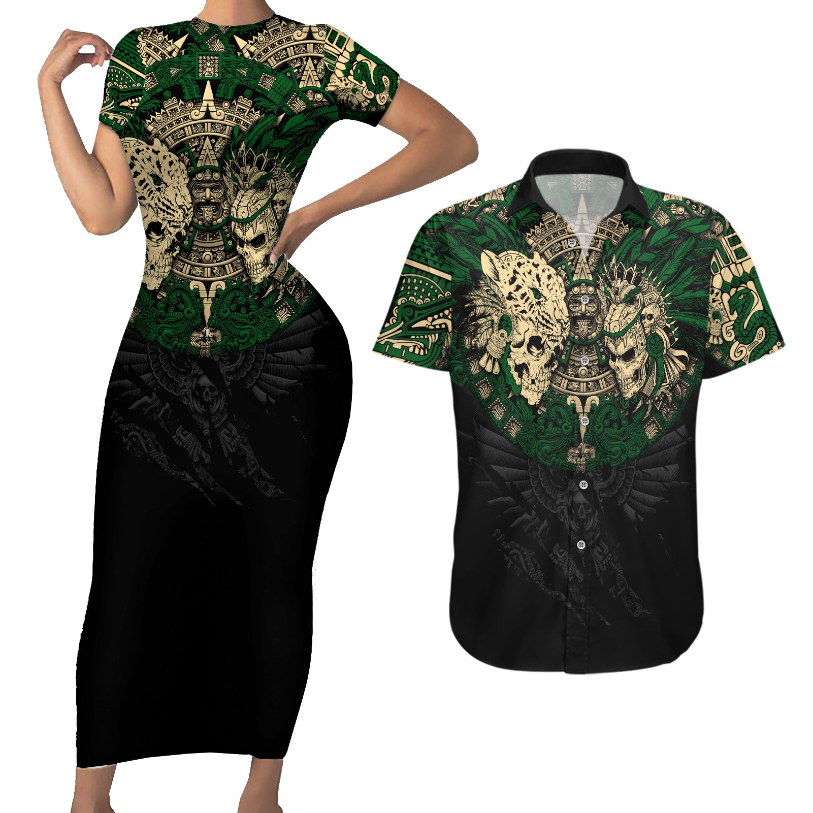 Aztec Warrior Skulls Couples Matching Short Sleeve Bodycon Dress and Hawaiian Shirt - Wonder Print Shop
