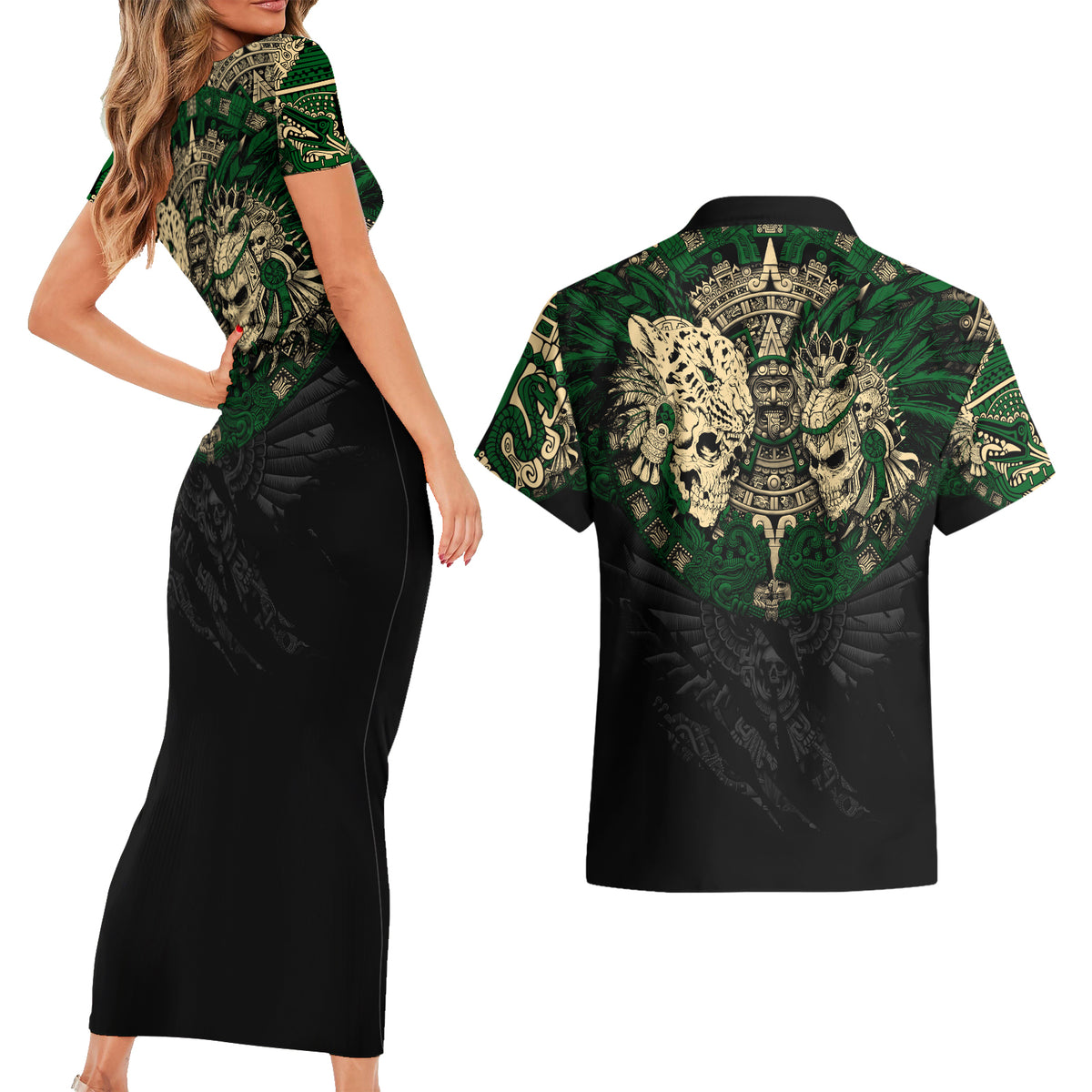Aztec Warrior Skulls Couples Matching Short Sleeve Bodycon Dress and Hawaiian Shirt - Wonder Print Shop