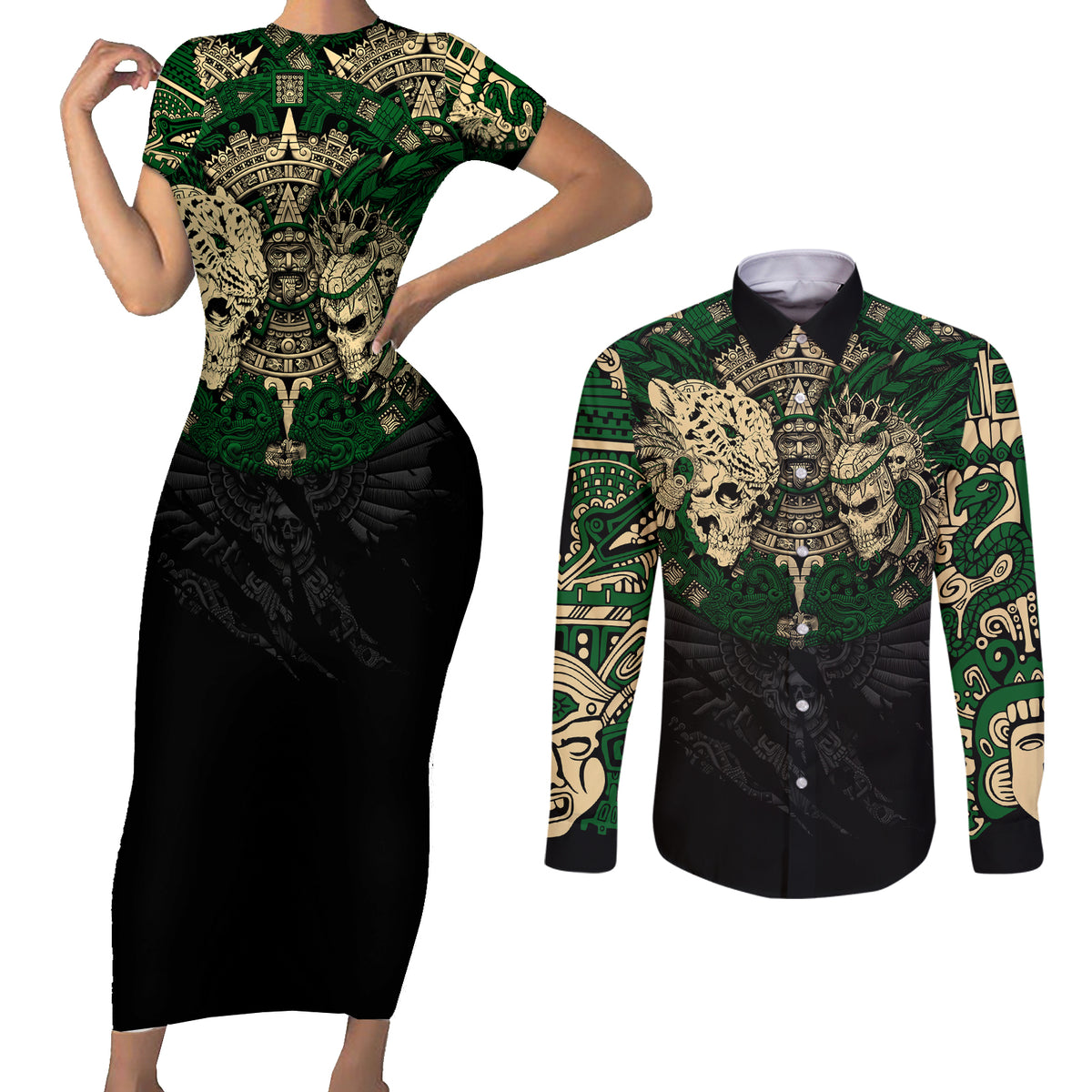 Aztec Warrior Skulls Couples Matching Short Sleeve Bodycon Dress and Long Sleeve Button Shirts - Wonder Print Shop