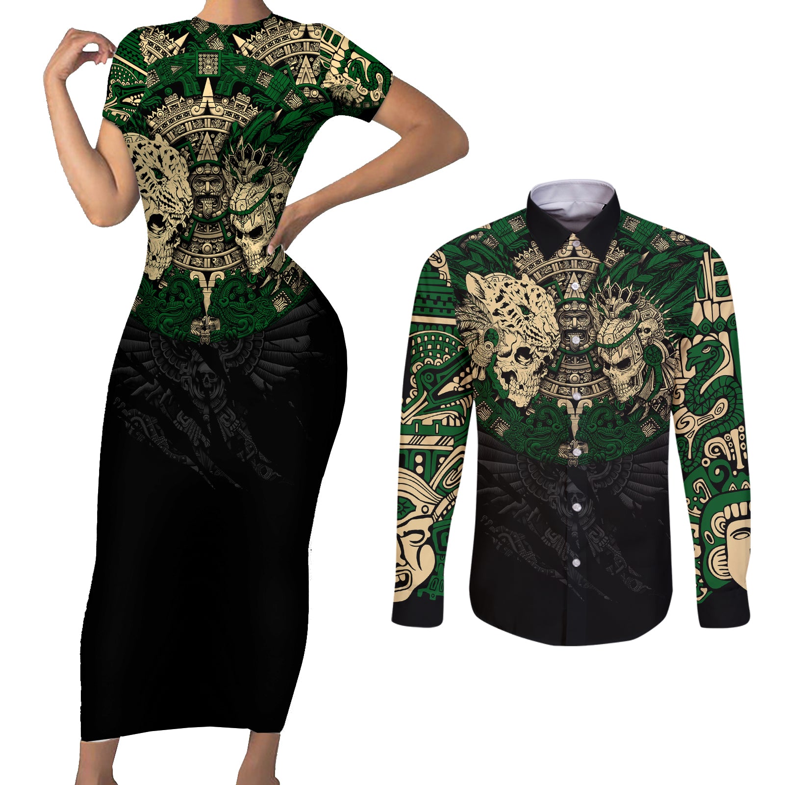 Aztec Warrior Skulls Couples Matching Short Sleeve Bodycon Dress and Long Sleeve Button Shirts - Wonder Print Shop