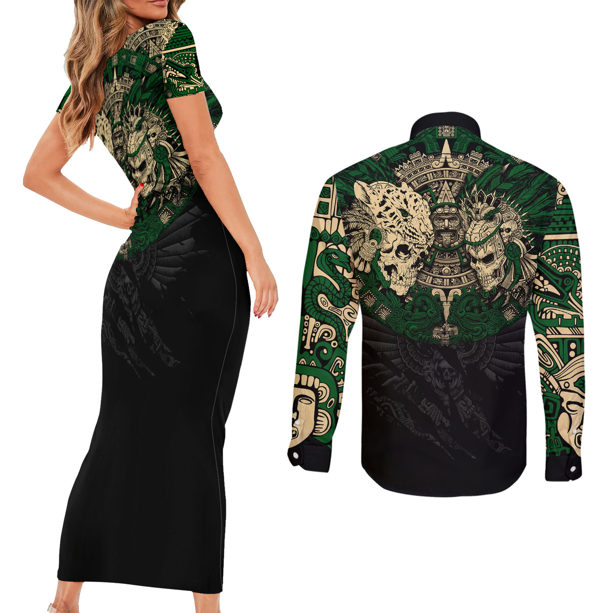 Aztec Warrior Skulls Couples Matching Short Sleeve Bodycon Dress and Long Sleeve Button Shirts - Wonder Print Shop