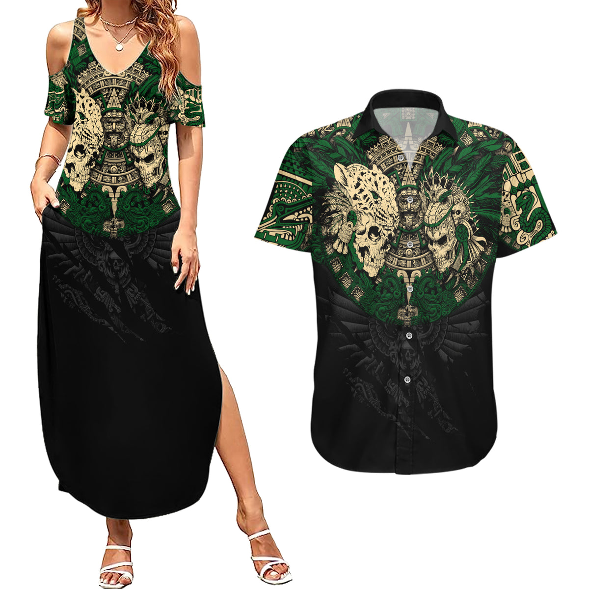 Aztec Warrior Skulls Couples Matching Summer Maxi Dress and Hawaiian Shirt - Wonder Print Shop