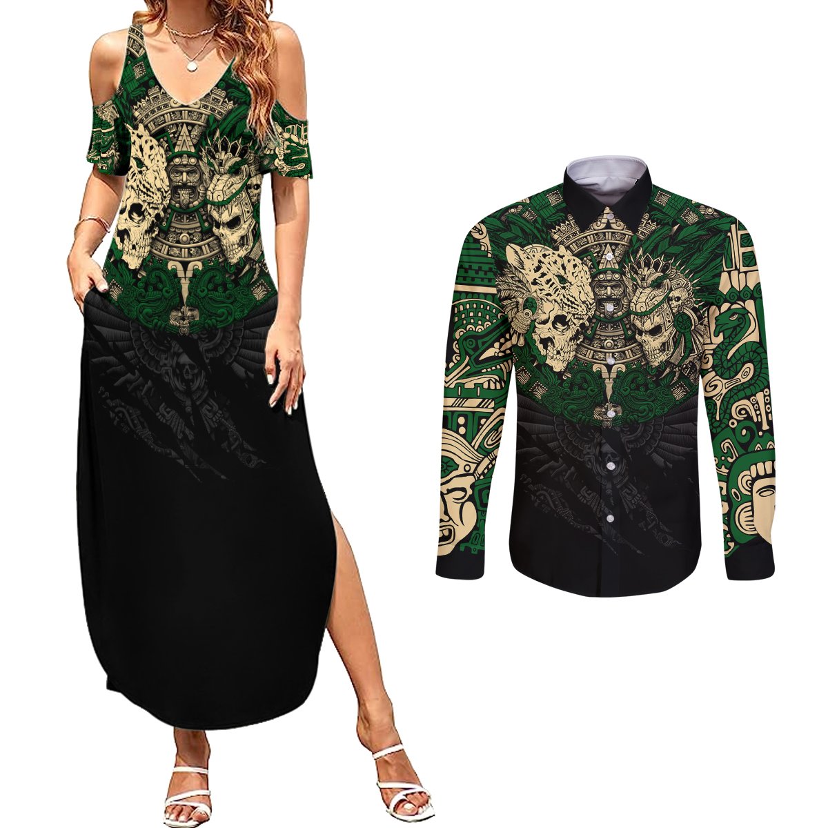 Aztec Warrior Skulls Couples Matching Summer Maxi Dress and Long Sleeve Button Shirts - Wonder Print Shop