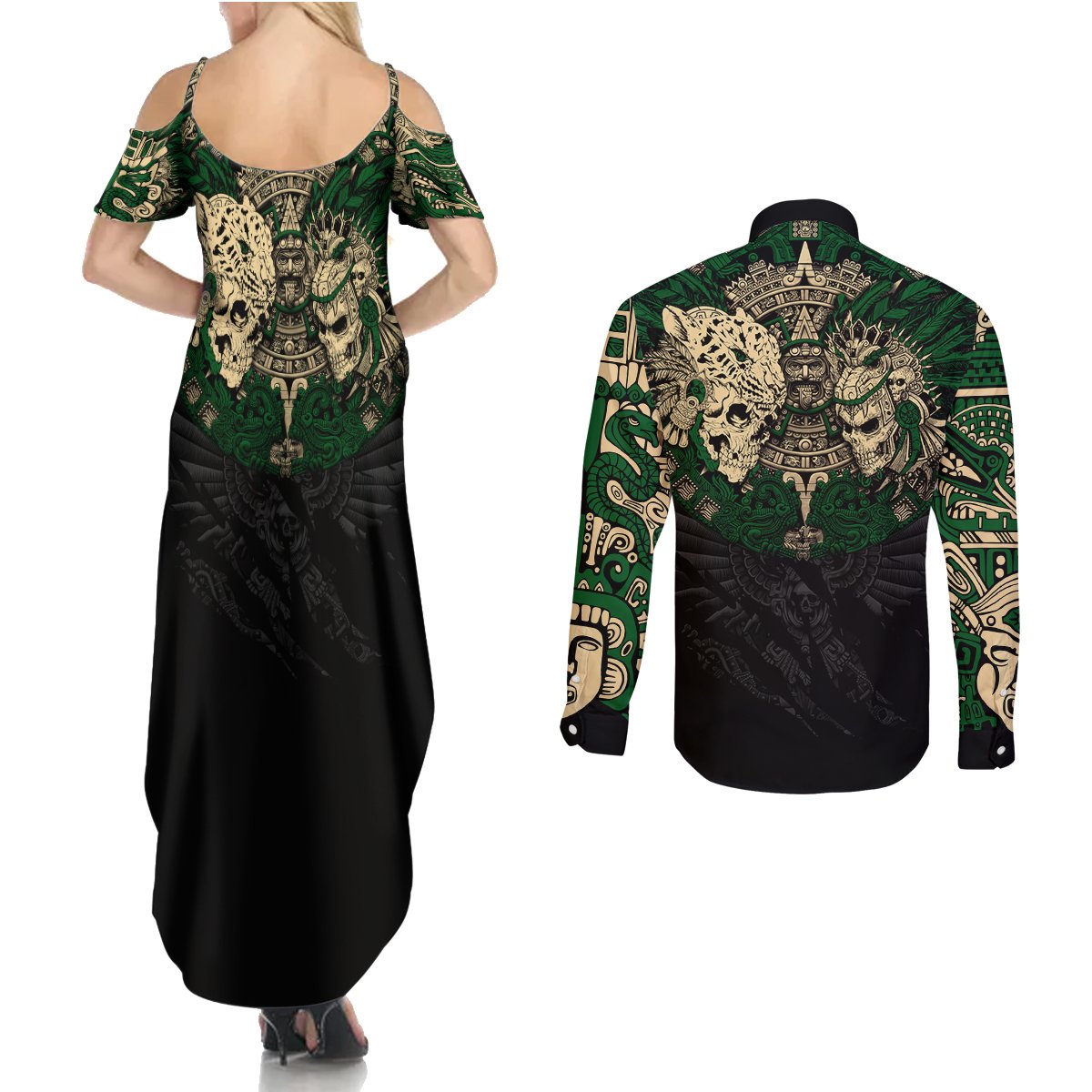Aztec Warrior Skulls Couples Matching Summer Maxi Dress and Long Sleeve Button Shirts - Wonder Print Shop