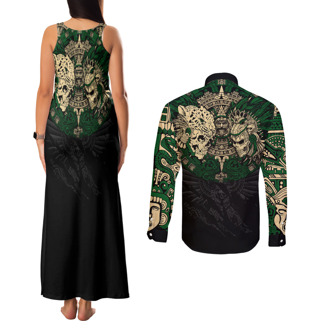 Aztec Warrior Skulls Couples Matching Tank Maxi Dress and Long Sleeve Button Shirts - Wonder Print Shop