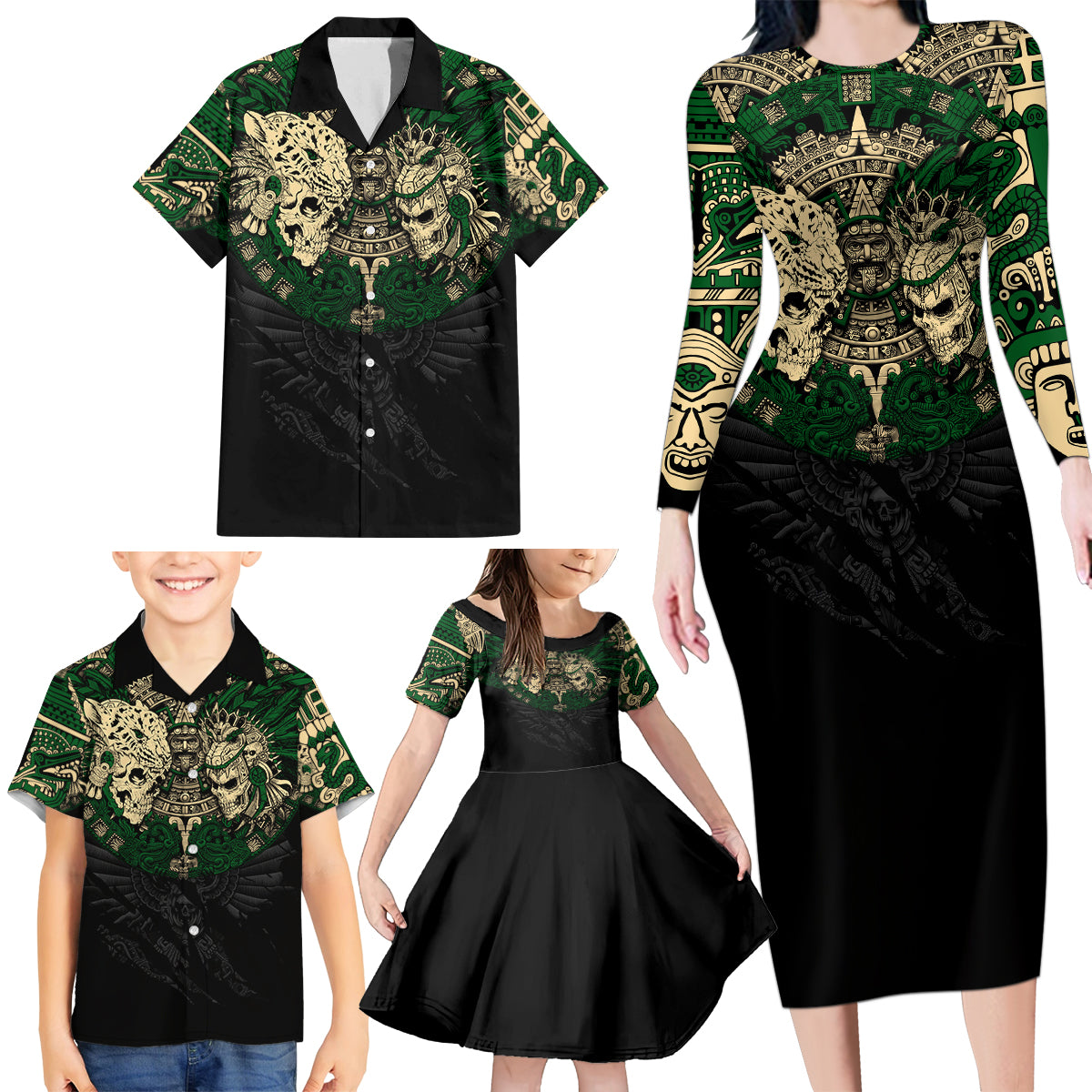 Aztec Warrior Skulls Family Matching Long Sleeve Bodycon Dress and Hawaiian Shirt - Wonder Print Shop