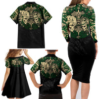 Aztec Warrior Skulls Family Matching Long Sleeve Bodycon Dress and Hawaiian Shirt - Wonder Print Shop