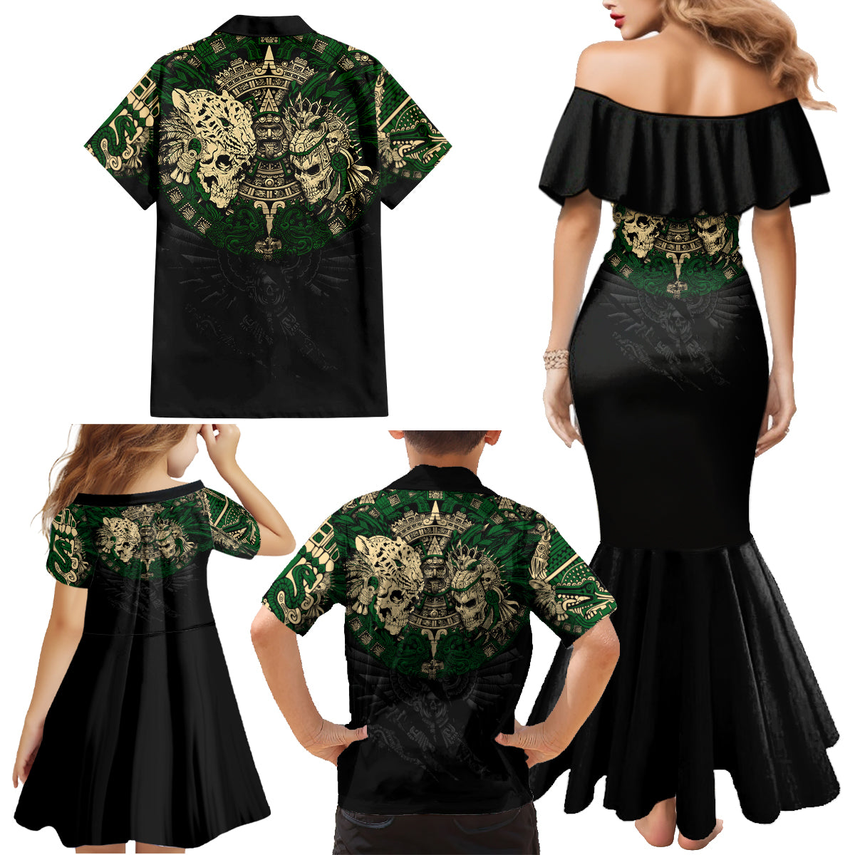 Aztec Warrior Skulls Family Matching Mermaid Dress and Hawaiian Shirt - Wonder Print Shop