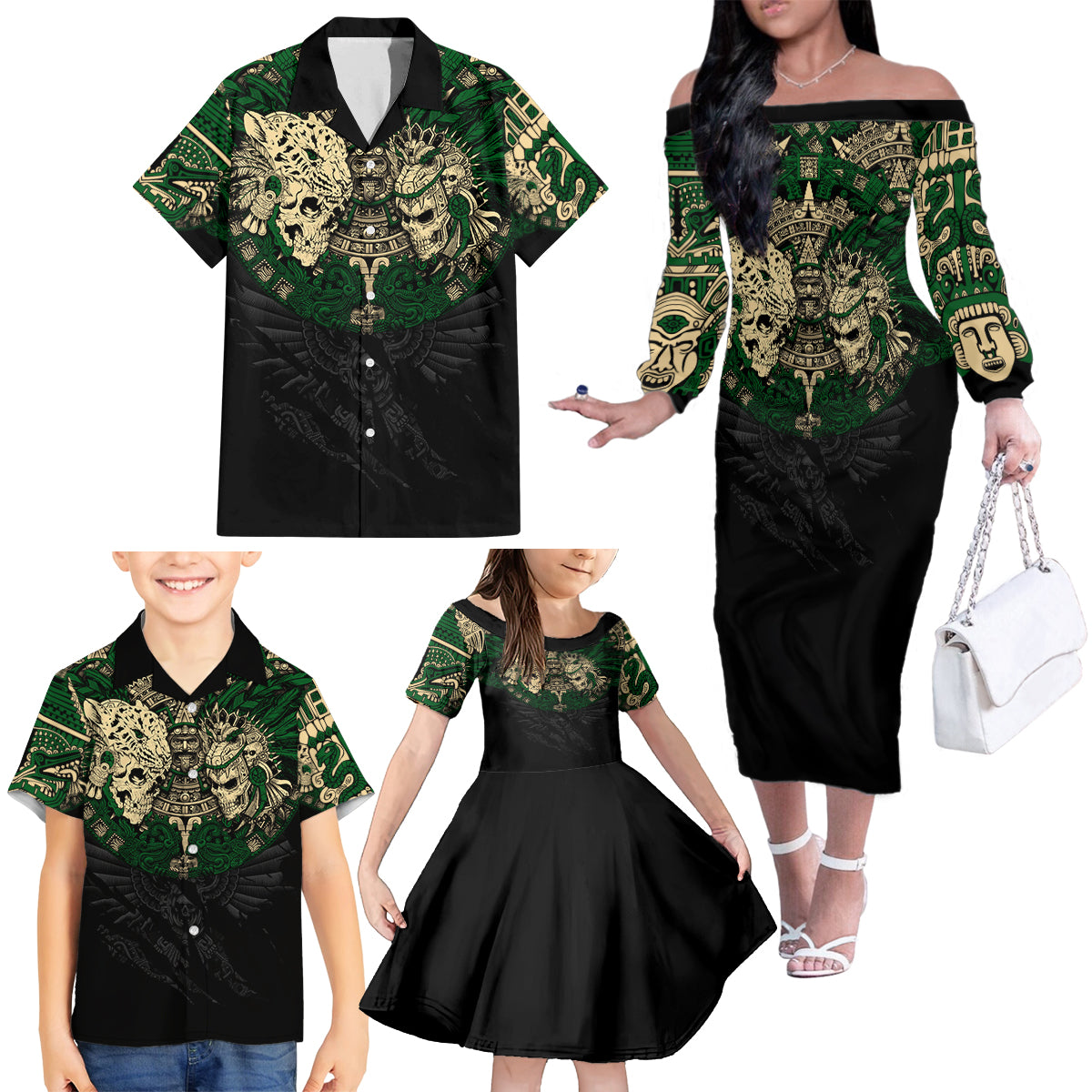 Aztec Warrior Skulls Family Matching Off Shoulder Long Sleeve Dress and Hawaiian Shirt - Wonder Print Shop