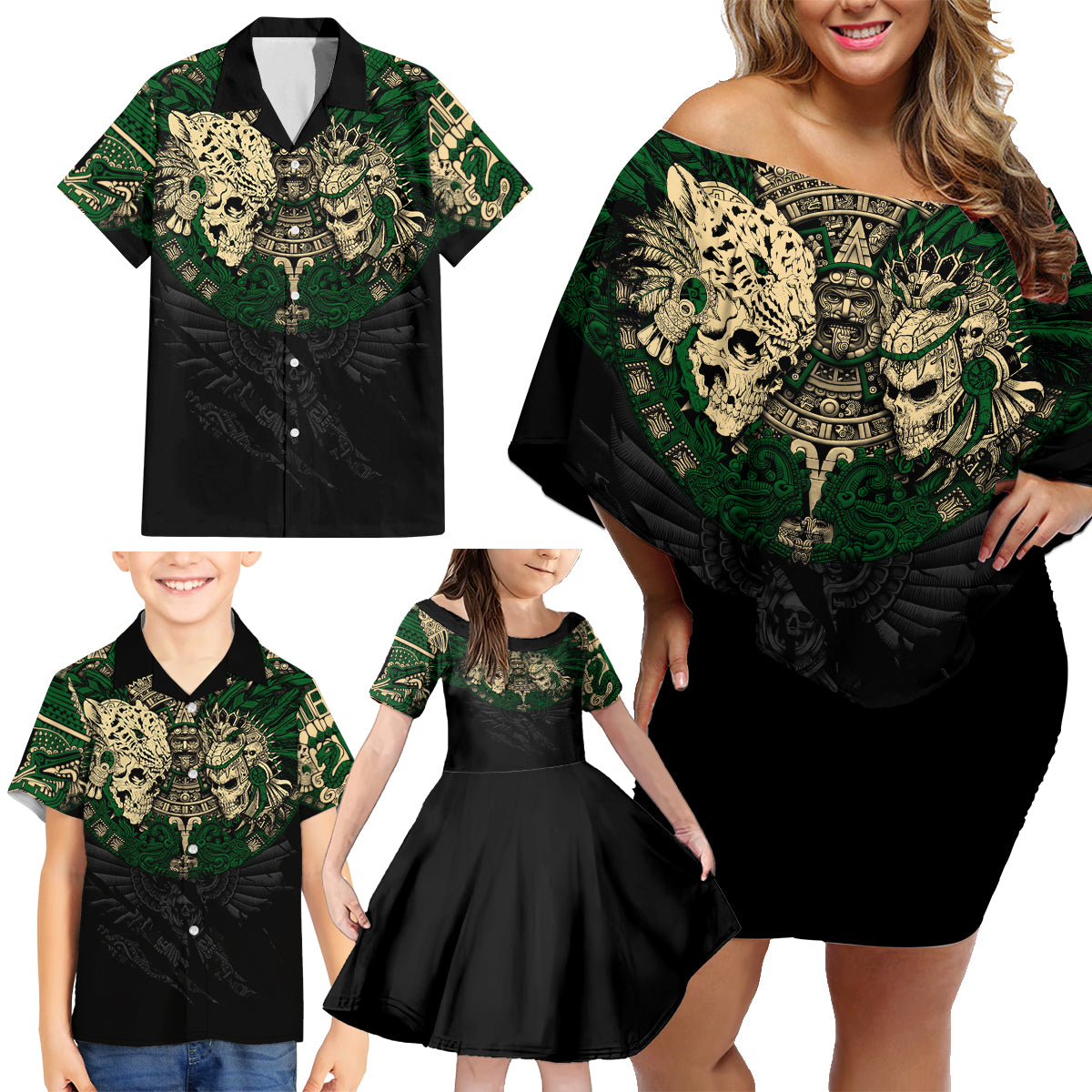 Aztec Warrior Skulls Family Matching Off Shoulder Short Dress and Hawaiian Shirt - Wonder Print Shop