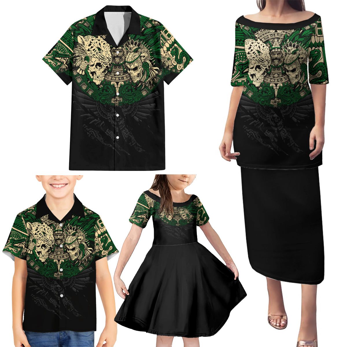 Aztec Warrior Skulls Family Matching Puletasi Dress and Hawaiian Shirt - Wonder Print Shop