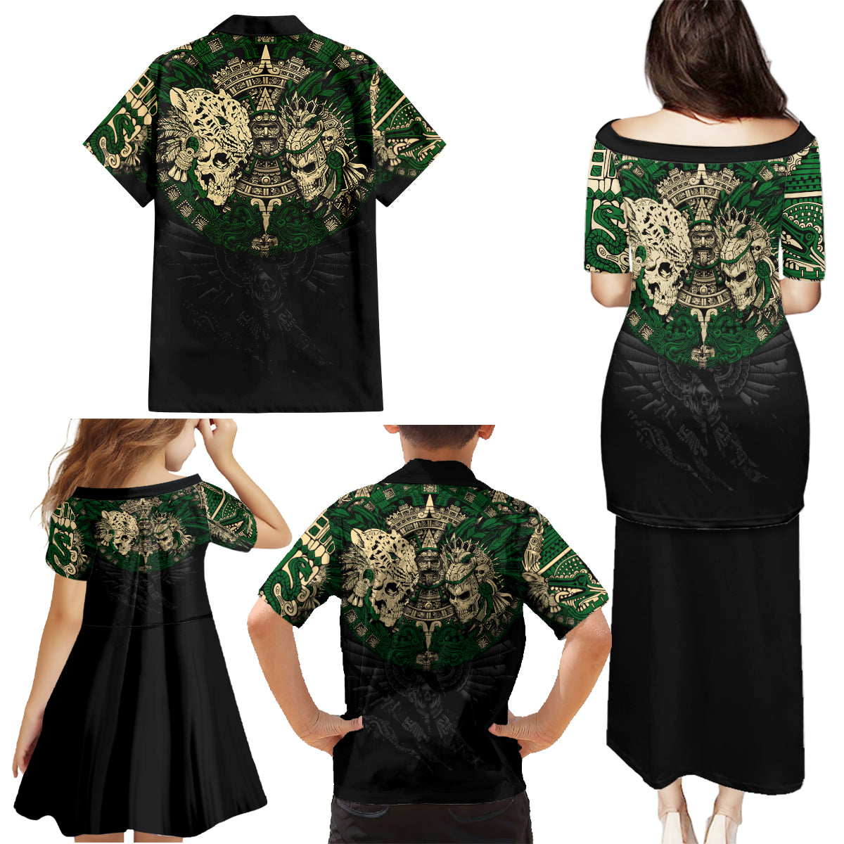 Aztec Warrior Skulls Family Matching Puletasi Dress and Hawaiian Shirt - Wonder Print Shop