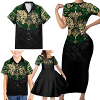 Aztec Warrior Skulls Family Matching Short Sleeve Bodycon Dress and Hawaiian Shirt - Wonder Print Shop