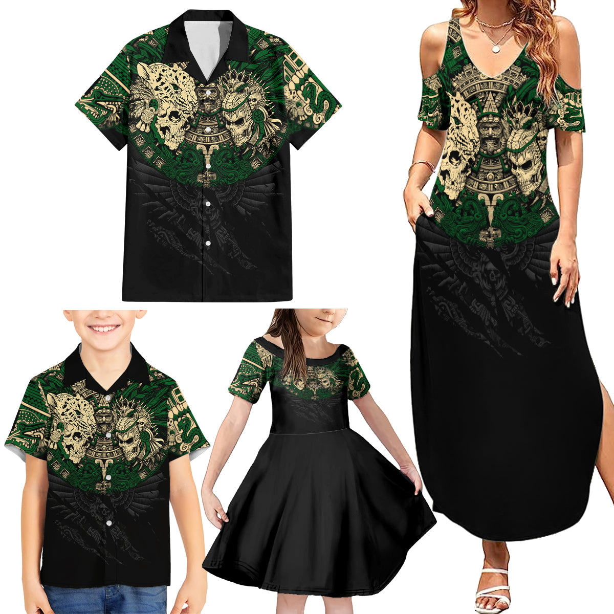 Aztec Warrior Skulls Family Matching Summer Maxi Dress and Hawaiian Shirt - Wonder Print Shop