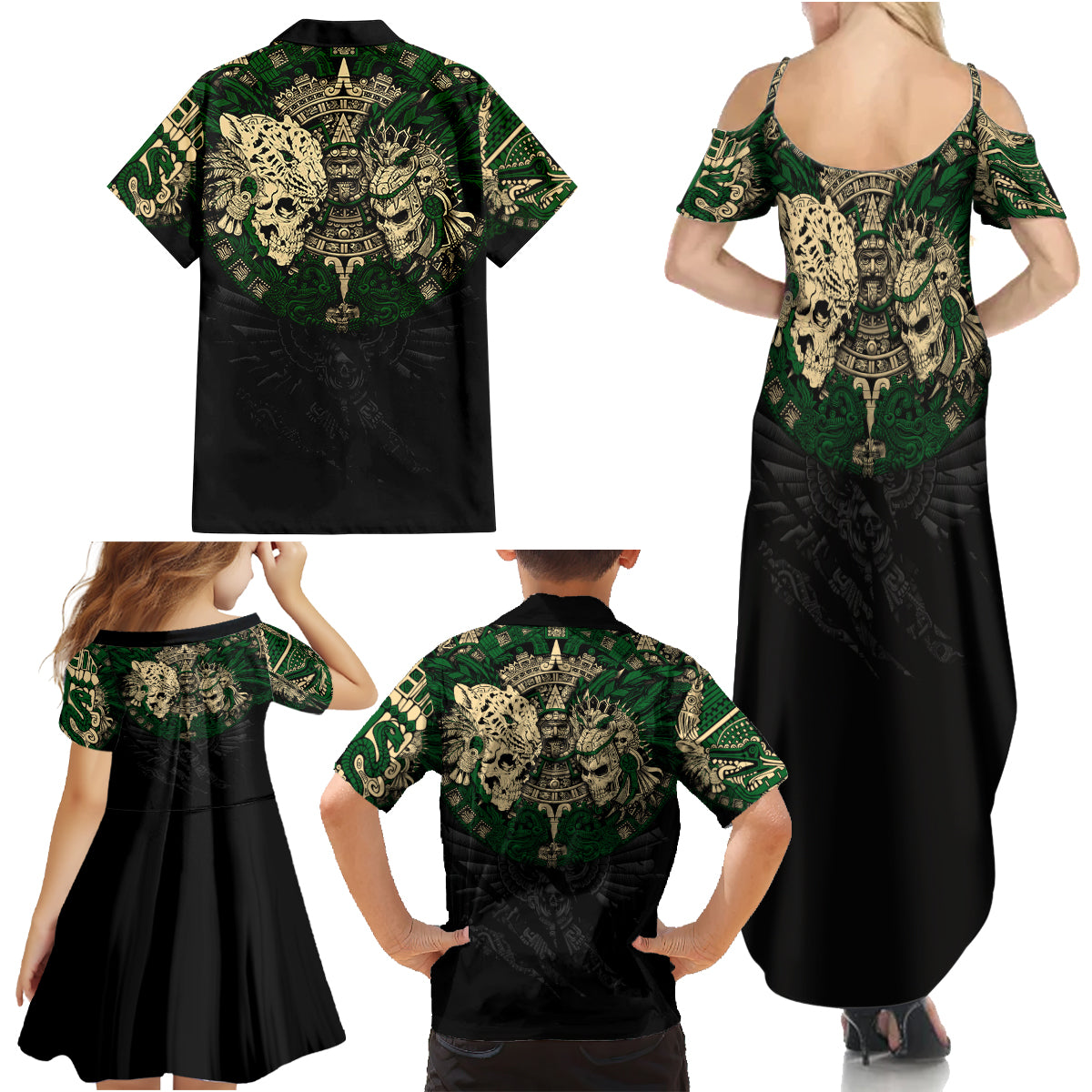 Aztec Warrior Skulls Family Matching Summer Maxi Dress and Hawaiian Shirt - Wonder Print Shop