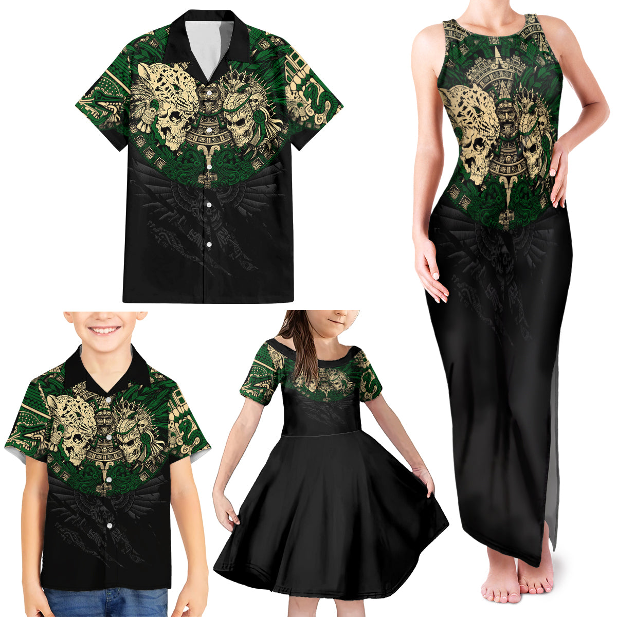 Aztec Warrior Skulls Family Matching Tank Maxi Dress and Hawaiian Shirt - Wonder Print Shop