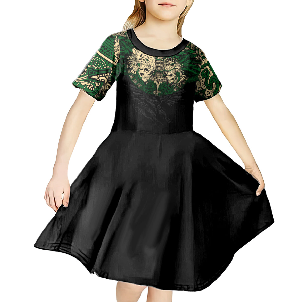 Aztec Warrior Skulls Kid Short Sleeve Dress - Wonder Print Shop