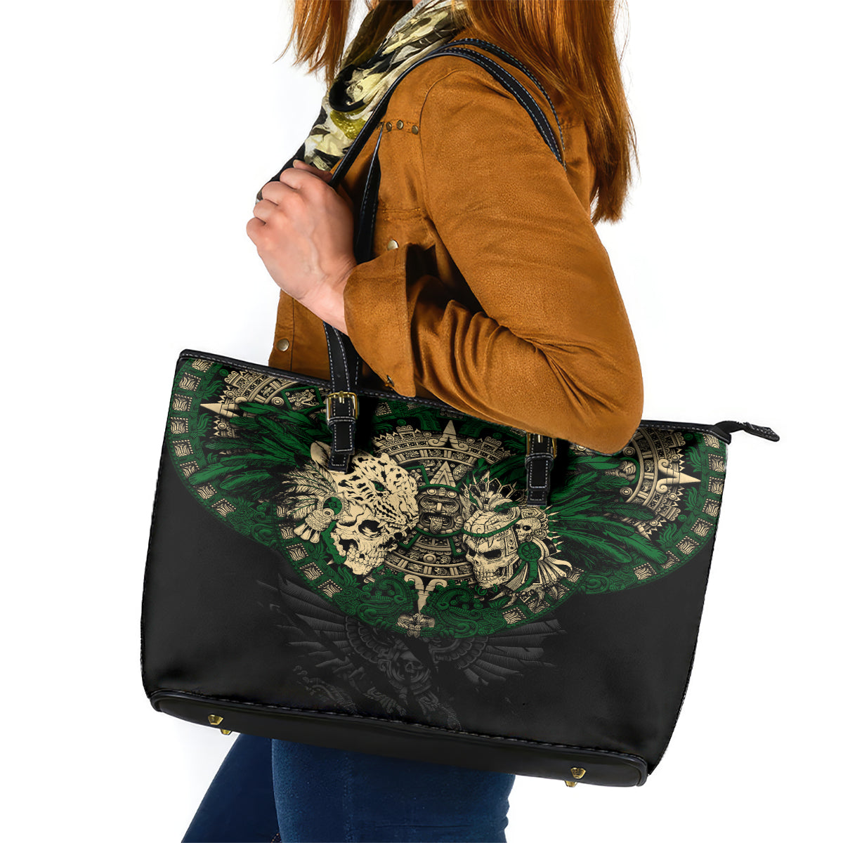 Aztec Warrior Skulls Leather Tote Bag - Wonder Print Shop