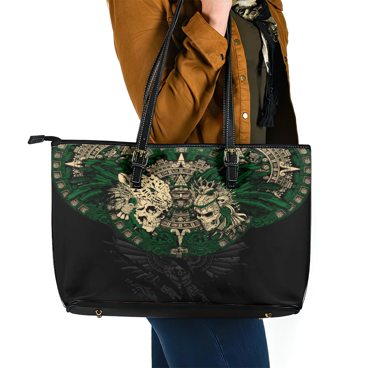 Aztec Warrior Skulls Leather Tote Bag - Wonder Print Shop