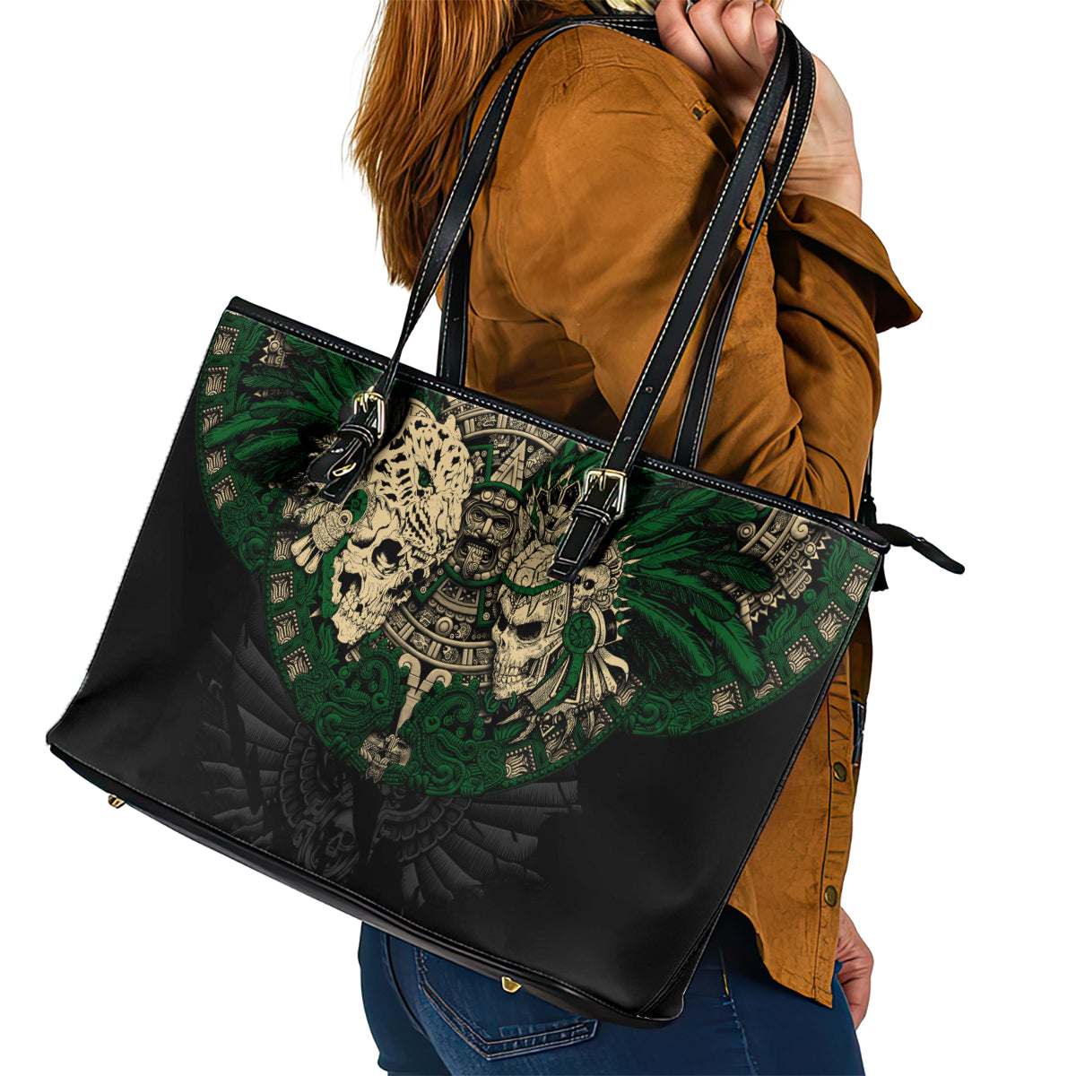 Aztec Warrior Skulls Leather Tote Bag - Wonder Print Shop