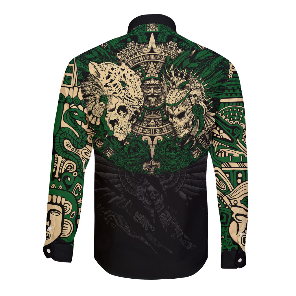 Aztec Warrior Skulls Long Sleeve Button Shirt - Wonder Print Shop