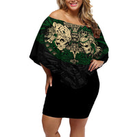 Aztec Warrior Skulls Off Shoulder Short Dress - Wonder Print Shop