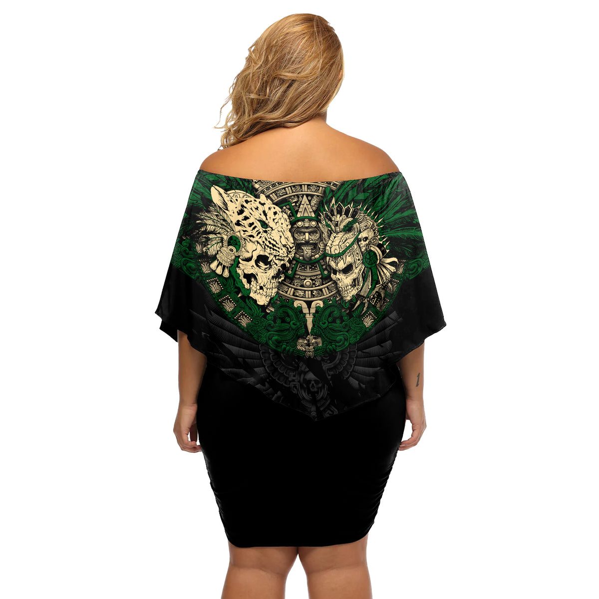 Aztec Warrior Skulls Off Shoulder Short Dress - Wonder Print Shop