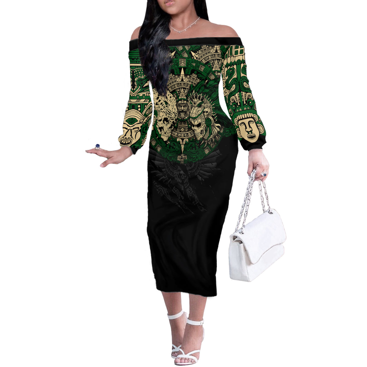 Aztec Warrior Skulls Off The Shoulder Long Sleeve Dress - Wonder Print Shop