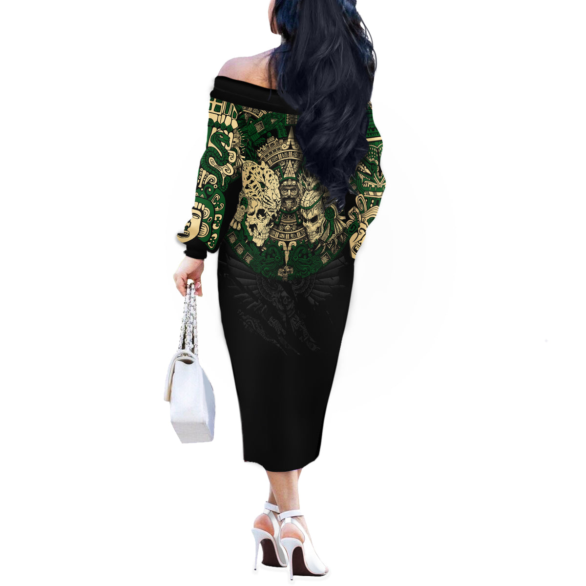 Aztec Warrior Skulls Off The Shoulder Long Sleeve Dress - Wonder Print Shop