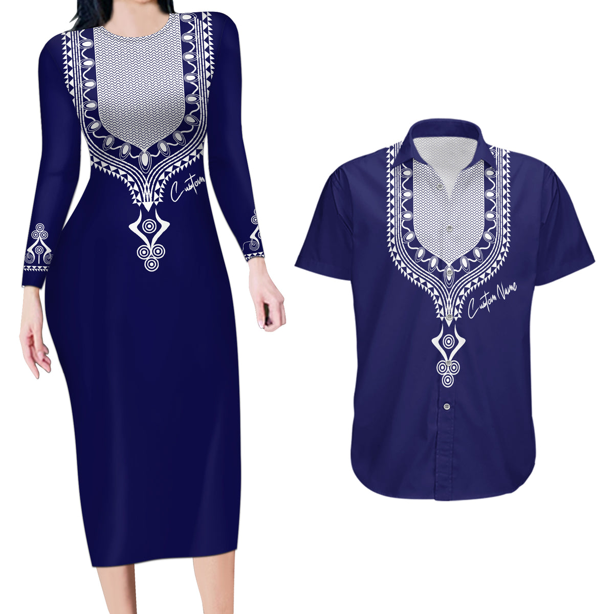 Printed Dashiki African Couples Matching Long Sleeve Bodycon Dress and Hawaiian Shirt Blue - Wonder Print Shop