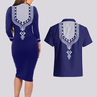 Printed Dashiki African Couples Matching Long Sleeve Bodycon Dress and Hawaiian Shirt Blue - Wonder Print Shop