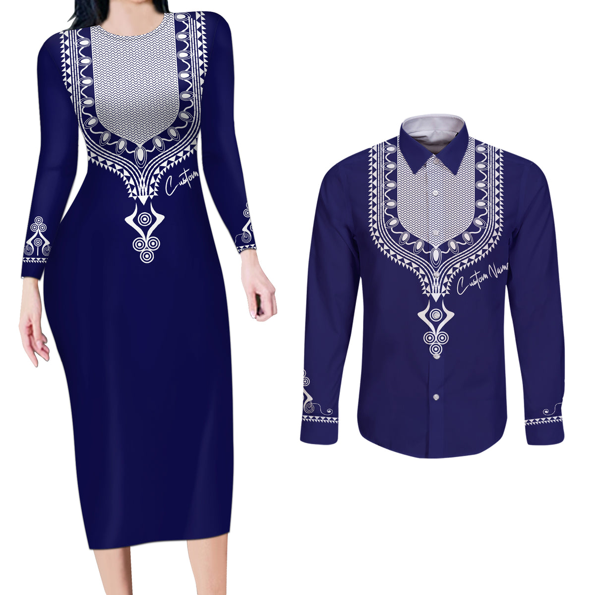 Printed Dashiki African Couples Matching Long Sleeve Bodycon Dress and Long Sleeve Button Shirt Blue - Wonder Print Shop