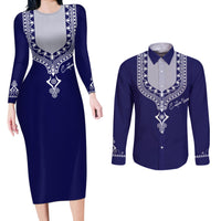 Printed Dashiki African Couples Matching Long Sleeve Bodycon Dress and Long Sleeve Button Shirt Blue - Wonder Print Shop