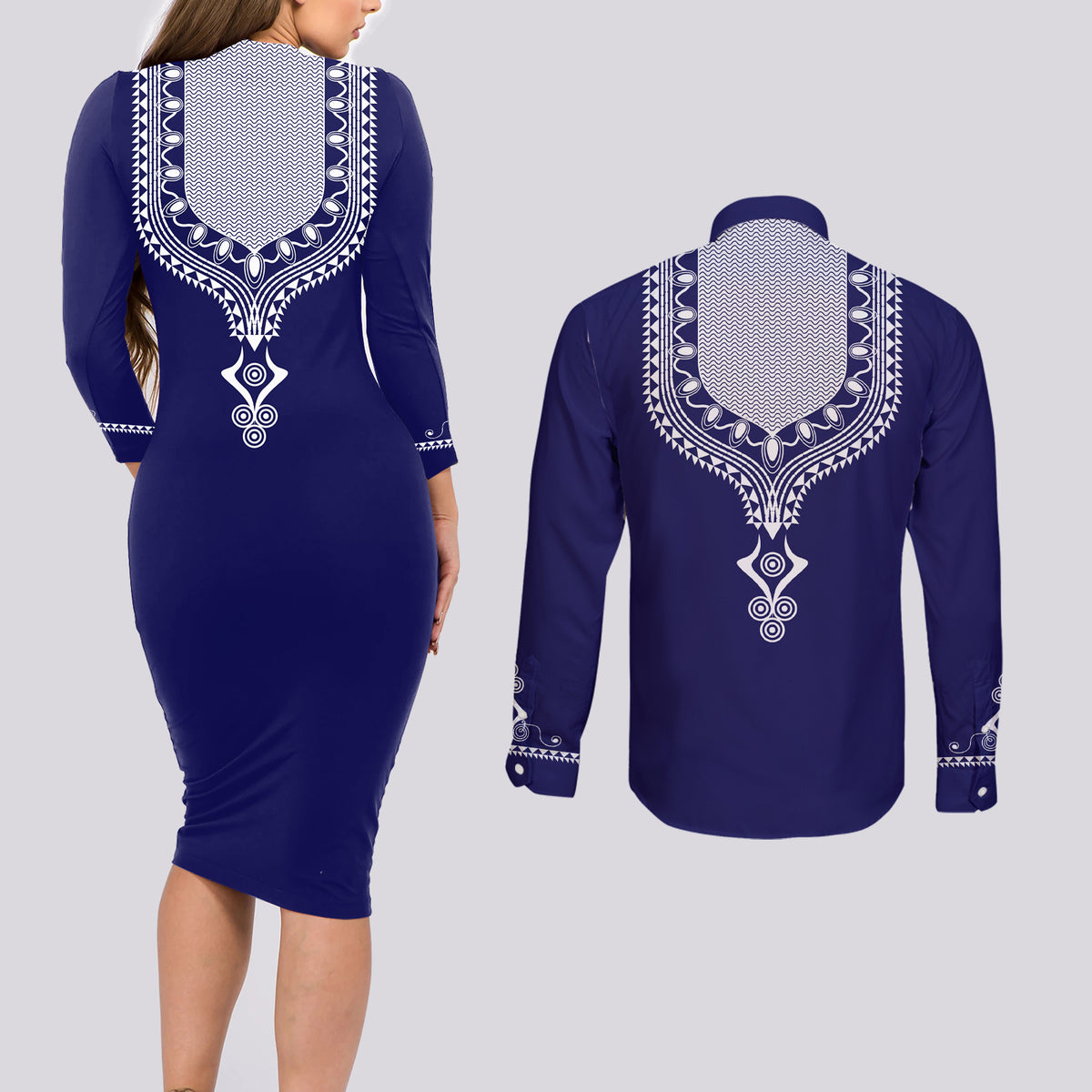 Printed Dashiki African Couples Matching Long Sleeve Bodycon Dress and Long Sleeve Button Shirt Blue - Wonder Print Shop