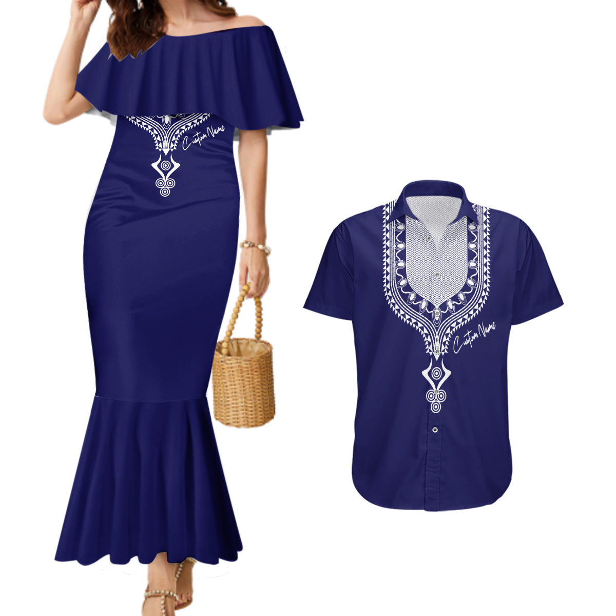 Printed Dashiki African Couples Matching Mermaid Dress and Hawaiian Shirt Blue - Wonder Print Shop