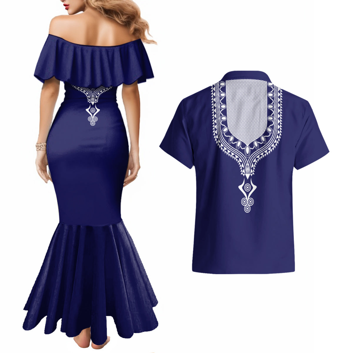 Printed Dashiki African Couples Matching Mermaid Dress and Hawaiian Shirt Blue - Wonder Print Shop