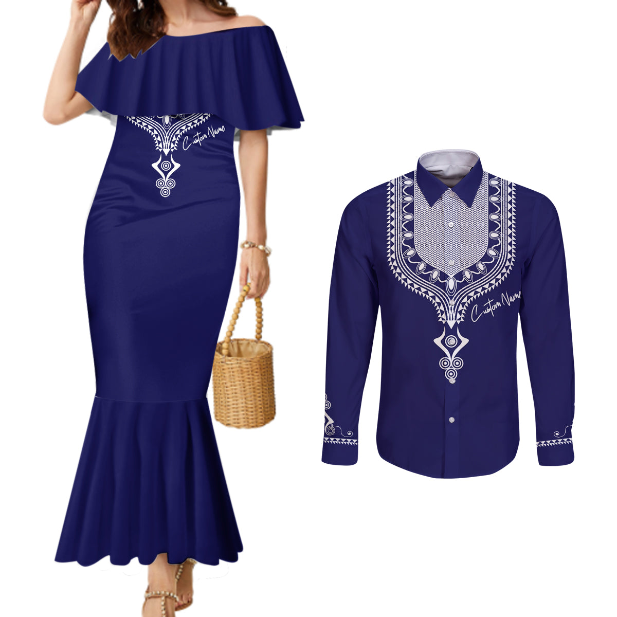 Printed Dashiki African Couples Matching Mermaid Dress and Long Sleeve Button Shirt Blue