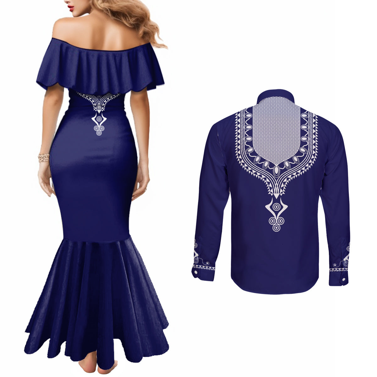 Printed Dashiki African Couples Matching Mermaid Dress and Long Sleeve Button Shirt Blue