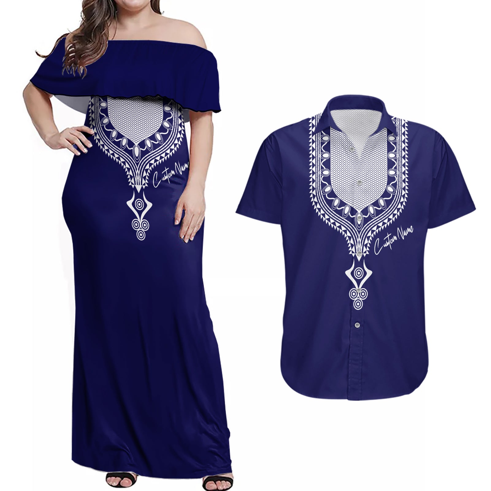 Printed Dashiki African Couples Matching Off Shoulder Maxi Dress and Hawaiian Shirt Blue - Wonder Print Shop