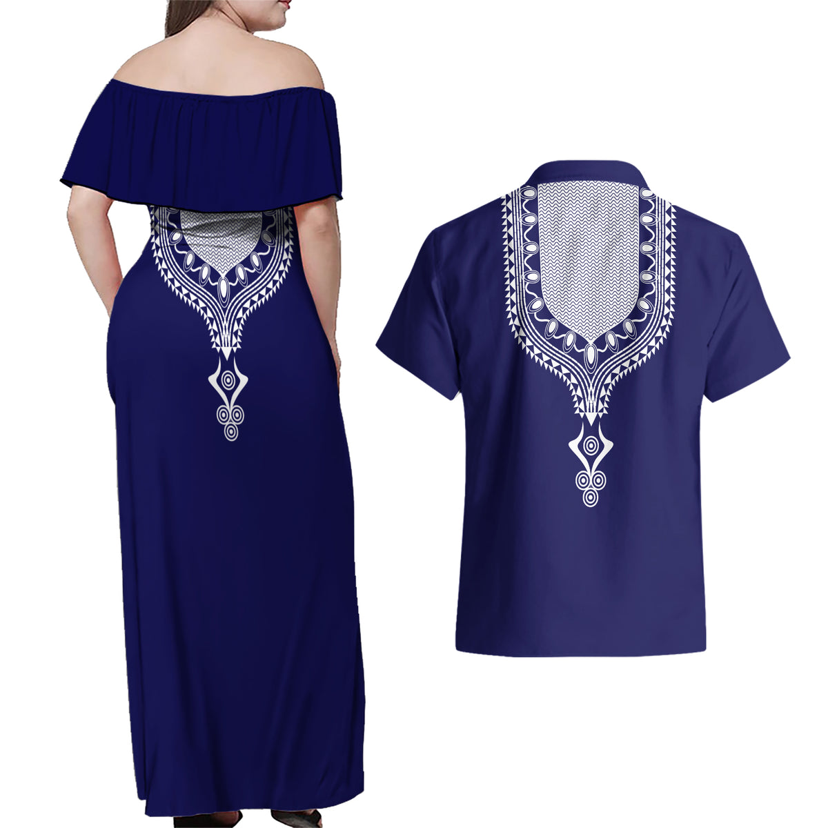 Printed Dashiki African Couples Matching Off Shoulder Maxi Dress and Hawaiian Shirt Blue - Wonder Print Shop