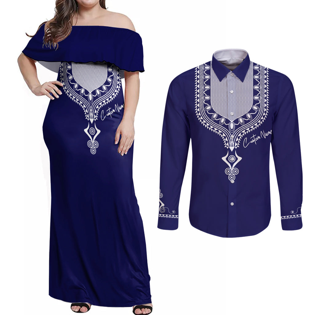 Printed Dashiki African Couples Matching Off Shoulder Maxi Dress and Long Sleeve Button Shirt Blue - Wonder Print Shop