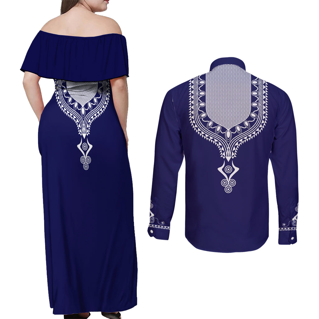 Printed Dashiki African Couples Matching Off Shoulder Maxi Dress and Long Sleeve Button Shirt Blue - Wonder Print Shop