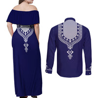 Printed Dashiki African Couples Matching Off Shoulder Maxi Dress and Long Sleeve Button Shirt Blue - Wonder Print Shop